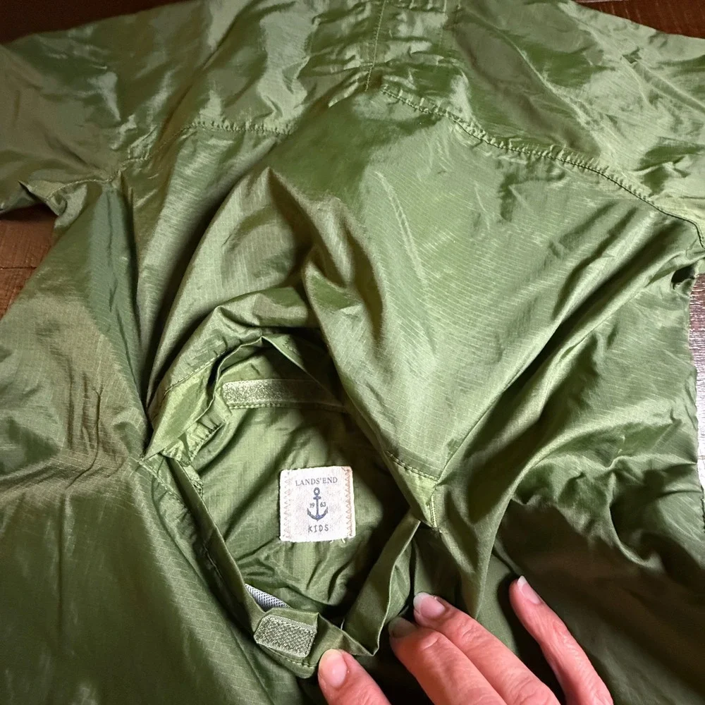 Lands' End Rain Jacket Kids Small 8 Green Hooded Full Zip Windbreaker Packable
